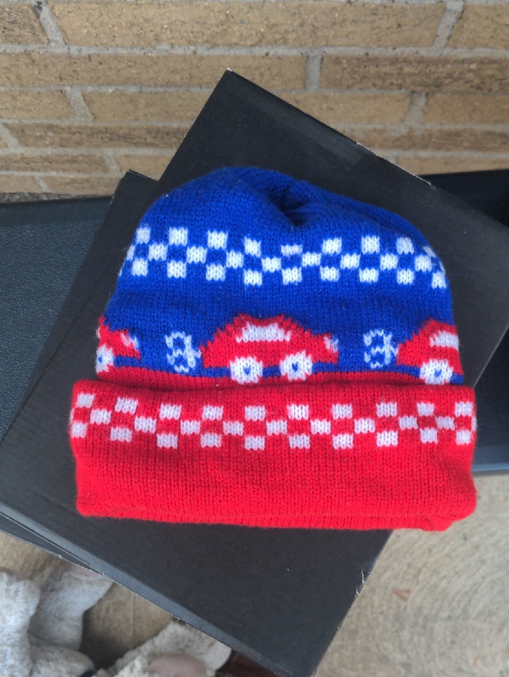 Kids Blue and Red Knit Beanie with Car Design For A Chilly Or Cold Day/Night